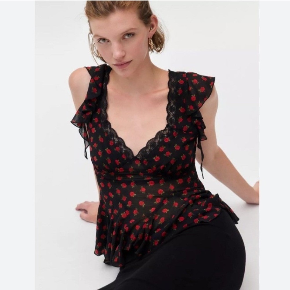 Urban Outfitters Womens Y2K Rose Peplum Top S Black Romantic Coquette Ruffle